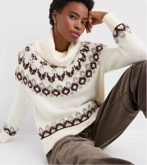 LOFT Fair Isle Cowl Neck Sweater M NWT Cream White Brown